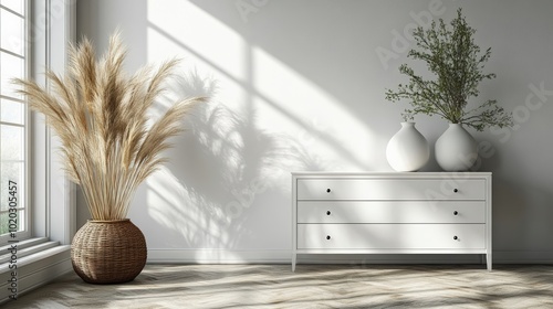 wooden chest of drawers and large floor vases in a modern minimalist interior. living room with chest of drawers and massive decorative vases