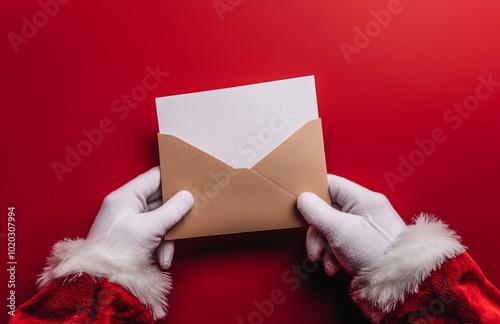 Close-up of an open brown envelope being pulled out from between the fingers of Santa Claus.