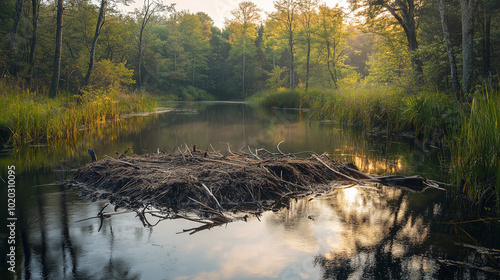 Photorealistic beaver dam in a calm river surrounded by lush greenery at sunset