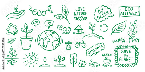 Hand Drawn Doodle Illustration of Ecology Concept, Reduce Reuse Refuse, Green Energy. Outline set