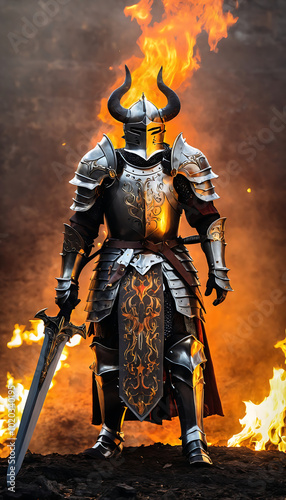 A formidable knight in ornate armor stands amidst flames, wielding a sword, embodying strength and valor.