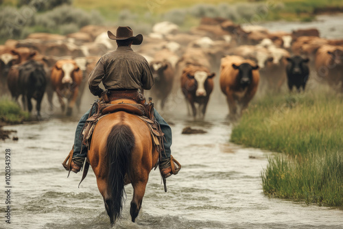 As dawn breaks, a cowboy on horseback skillfully guides a herd of cattle through a river, showcasing the dedication and traditions of cattle tending in the great outdoors.