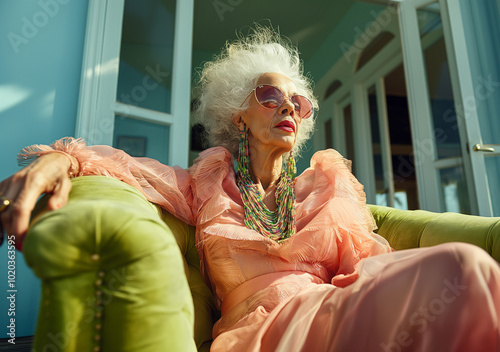 Sophisticated elderly woman in statement jewelry and sunglasses lounging outdoors. Chic and timeless portrait in bright sunlight.