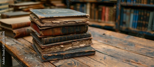 Old, Worn Books Stacked on a Rustic Wooden Table in a Cozy Library Setting