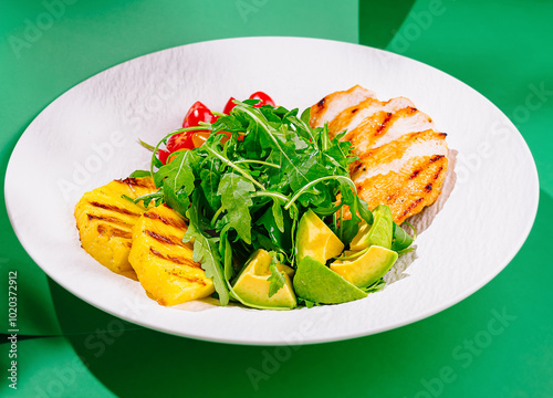 Grilled chicken breast plate served with grilled pineapple and fresh arugula salad