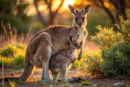 Photograph a mother kangaroo gently caring for her joey in the early morning light, surrounded by Australian bushland. 