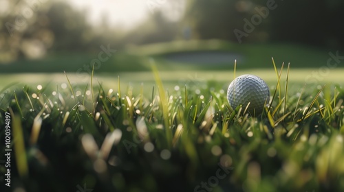 A golf ball rests peacefully on the dewy grass, capturing a serene moment in the tranquility of morning light.