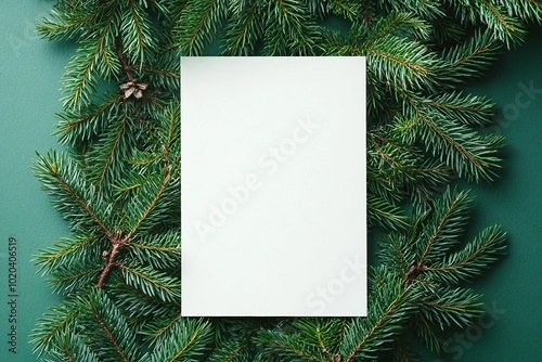 Christmas card mock up. Modern greeting card flat lay with green fir branches on green background. Empty postcard template with space for text. Merry Christmas and Happy Holidays