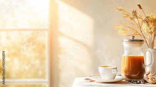 A steaming cup and French press bask in the soft morning sunlight beside a window, creating an inviting and cozy breakfast ambiance with a touch of warmth.