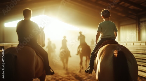 A group of people ride horses in a sun-drenched indoor arena, emphasizing motion and outdoor enjoyment in a serene, glowing environment, perfect for equestrian enthusiasts.