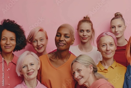 A diverse group of joyful women in colorful attire radiates happiness and camaraderie against a cheerful pink backdrop.