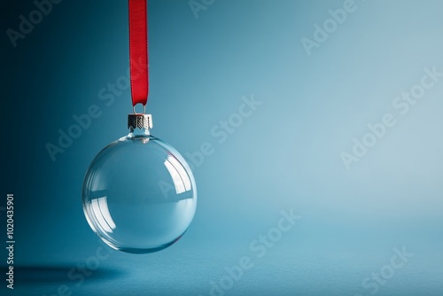 A close-up of a transparent Christmas bauble on a red ribbon with snow inside. Stock photo with copy space