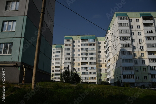 Cityscape of Russia. Panel house of the Soviet Union, old architecture of the building in the brutalism style