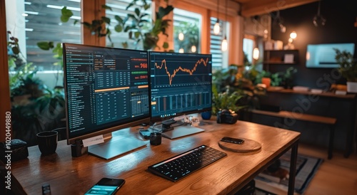 Stock market trader analyzing charts on multiple monitors at home office desk