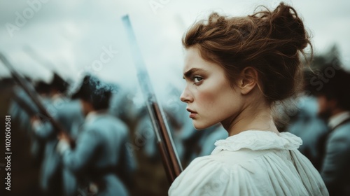 A young woman in a white blouse, holding a rifle, stands resolute among a line of marching soldiers, her fierce gaze reflecting determination and resolve.