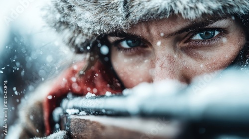 A female sniper with piercing eyes peers through snowfall, embodying intense focus and vigilance. Her warm attire contrasts sharply with the wintery background.