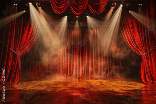 A red curtain is drawn open to reveal a stage with a spotlight shining on it, generative ai image