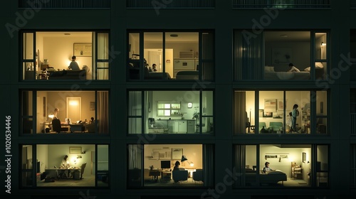 Residents in an apartment building engage in various evening activities during a quiet night showcasing nighttime routines