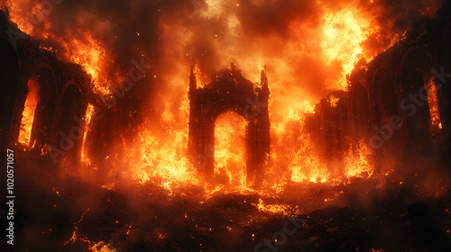 Fiery ruins of a fantastical medieval castle engulfed in an apocalyptic inferno with dramatic orange,red,and yellow flames consuming the ancient architecture in a chaotic,ominous.