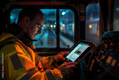 Train Operator Using a Digital Tablet for Monitoring Operations During a Night Shift