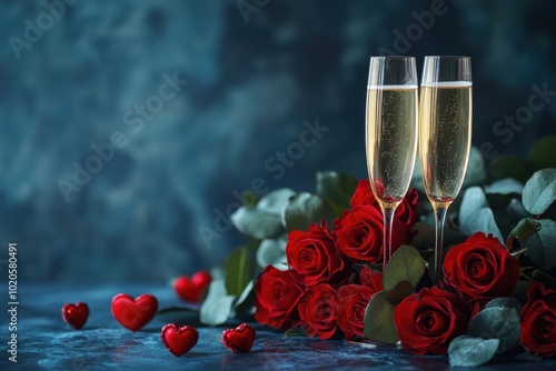 valentines day concept banner with champagne glasses, red rose bouquet, and space for text in a cozy setting