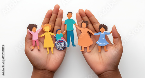 Hands Holding a Paper Cutout of a Family Representing Care, Inclusion, and Diversity