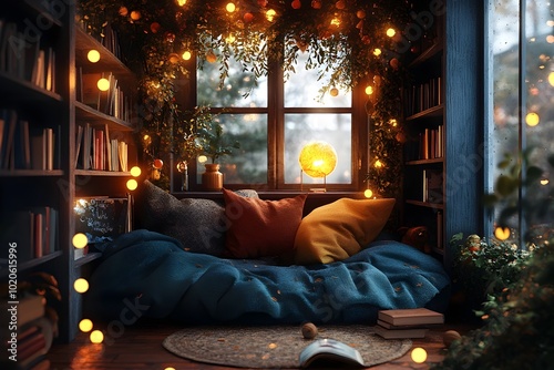 Cozy and Inviting Holiday Reading Nook with Elegant Garland and Twinkling String Lights