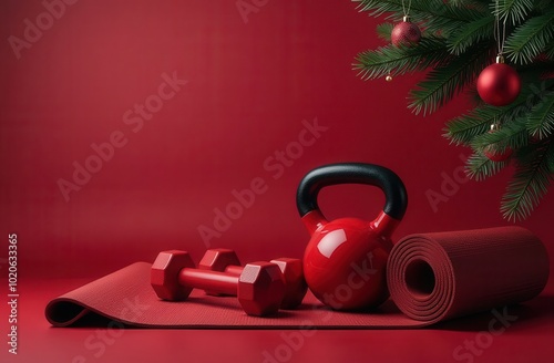 Christmas and New year 2025. concept of healthy lifestyle and sport, gym and fitness, sport shops. burgundy sports equipment on burgundy background and green christmas tree