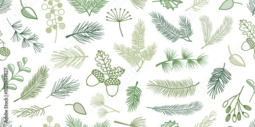 Christmas pine, berry, leaf seamless pattern, evergreen plant, tree, spruce and fir branch, cedar twig background, New Year decoration, winter nature print. Xmas green bg. Holiday vector illustration