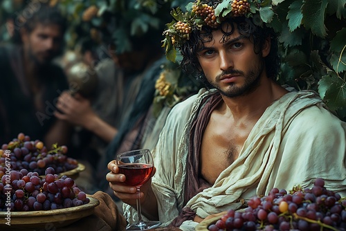 A god of wine and harvest celebrates with a glass of red wine surrounded by grapes.