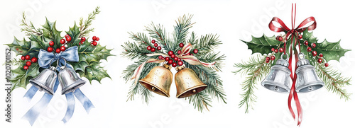 A watercolor set of various Christmas bells