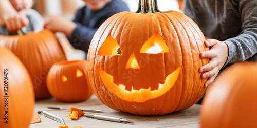 A cheerful carved pumpkin with a smiling face, perfect for Halloween celebrations and autumn decorations.