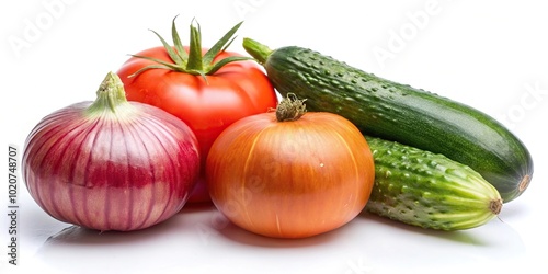 Fresh and colorful asymmetrical onion, cucumber, and tomato on white background