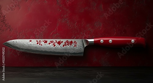 Sharp Red and Silver Knife with Decorative Pattern, Set against Blood Splattered Background