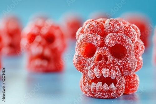 Colorful gummy skull candies arranged in a fun display, featuring a sugary texture and playful design. Perfect for Halloween treats or themed parties.