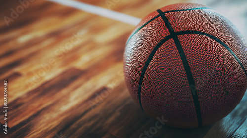 close-up shot of a basketball being dribbled on a polished wooden court, showcasing the texture of the ball and the intensity of the game