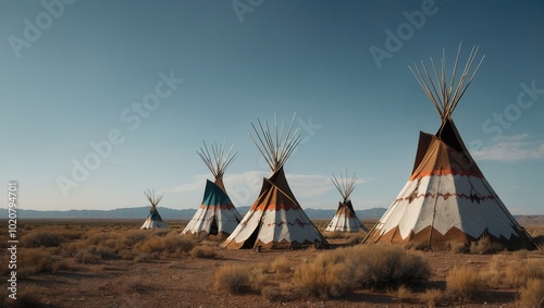 Traditional American Indian teepee with decorative elements and multiple teepees behind it