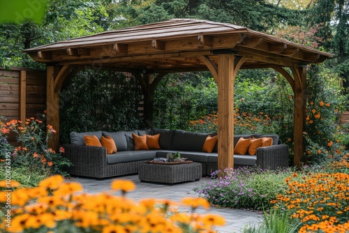 Wooden gazebo providing shelter from the sun in lush garden