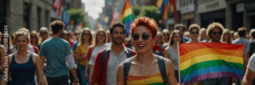 A woman is holding a rainbow flag in a crowd of people. There are many people in the crowd, some of them are wearing sunglasses