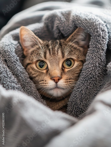 A cozy tabby cat wrapped snugly in a soft gray blanket, looking curiously at the camera.