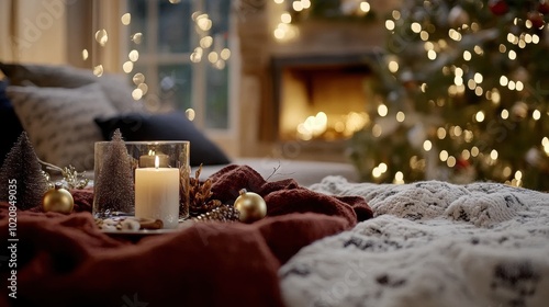 A lit candle sitting on a bed in front of a christmas tree