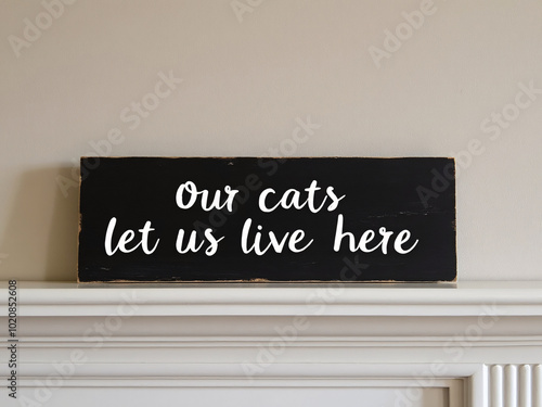 A sign on the mantle reading, "Our cats let us live here."