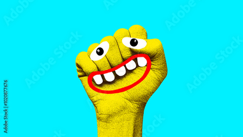 Yellow fist with wide eyes and comical, red-lipped grin on turquoise background. Contemporary art collage. Concept of creativity, imagination and fantasy, emotions