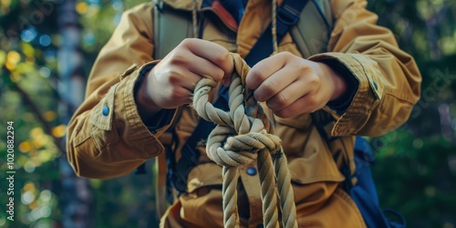 Boy scout in uniform, tying knots during outdoor scouting activities