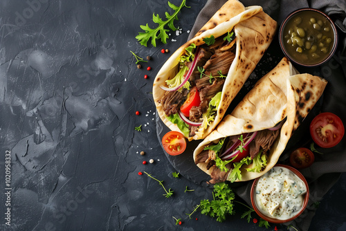 greek gyros rolled in pita, top view