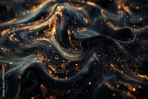 whirling gold particles in black fluid magical waves background