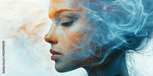 A side profile captures a woman's face gracefully enveloped in colorful smoke, blending hues for a surreal look.