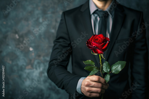 Man in elegant black suit holding romantic single red rose in front of dark studio background