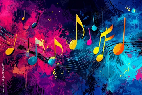 Bright musical notes float across a vivid, abstract background invoking joy and creativity.