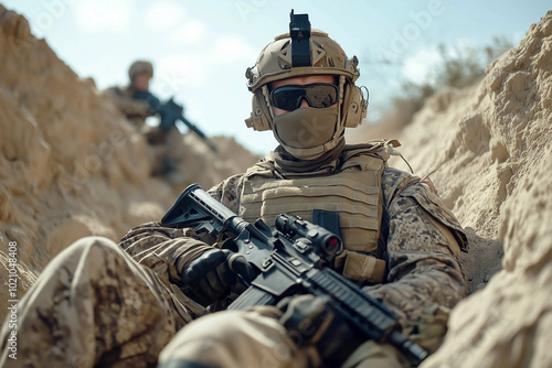 An armed soldier sits in a trench on a clear day, wearing a helmet, a tactical vest and a mask covering his mouth and nose, with a machine gun in his hands. The concept of military action and war.